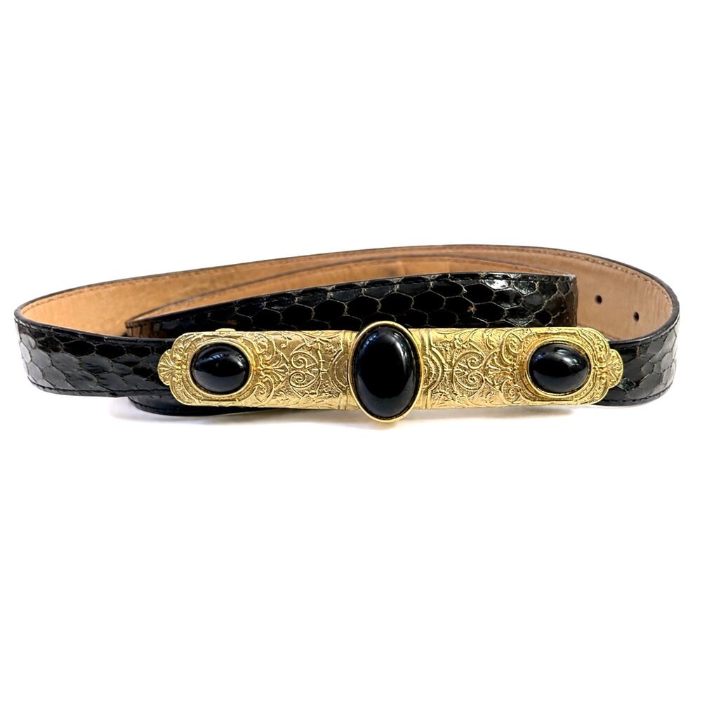 Vintage Black Leather Belt Gold Etched Bar Buckle Black Cabochon Adjustable